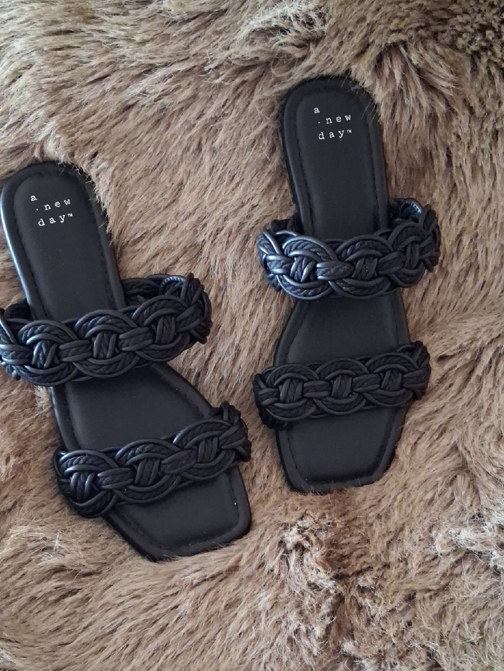 a new day Black Braided Double-Strap Slide Sandals